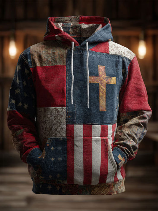 Men's Retro Casual Faith Cross Art Print Oversized Drop-Shoulder Pockets Hoodie
