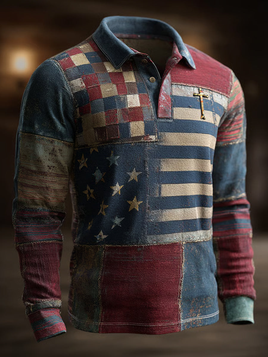 Men's Retro Casual Faith Cross Art Print Long Sleeve Top