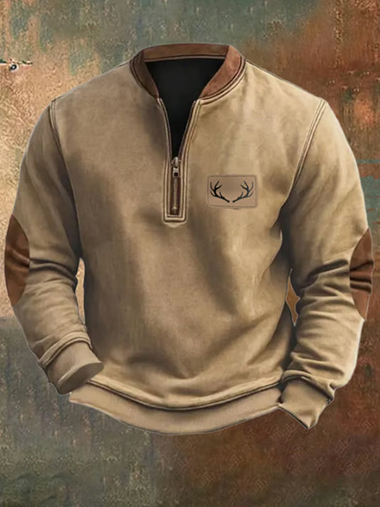Men's Fleece Vintage Western Antler Hunting Enthusiast Stand Zipper Sweatshirt