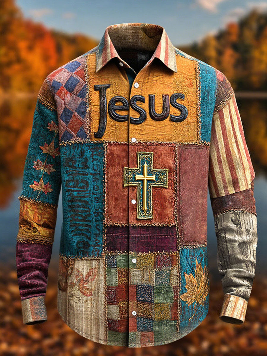 Men's Retro Casual Faith Cross Art Print Long Sleeve Shirt