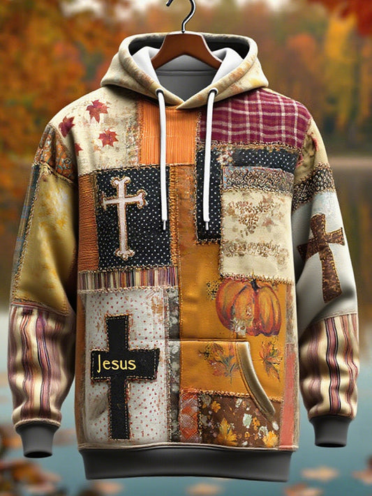 Men's Retro Casual Faith Cross Art Print Oversized Drop-Shoulder Pockets Hoodie
