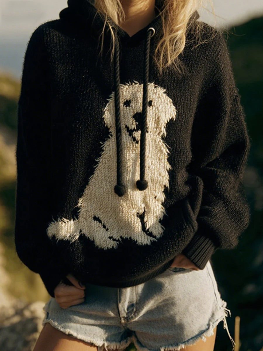 Women's Classic Plush Golden Retriever Felt Cozy Knit Oversized Hooded Sweatshirt