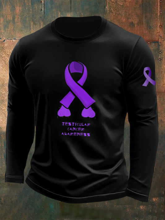 Men's Testicular Cancer Printed Round Neck Long Sleeve T-shirt