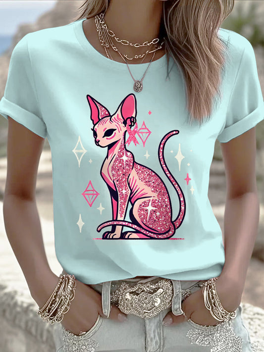 Women's Mint Green Fashion Cat Ribbon T-shirt