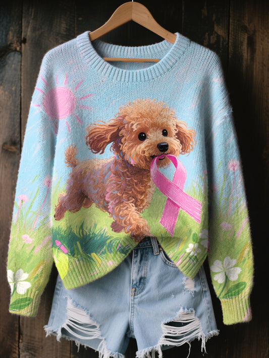 Women's Pink Ribbon and Dog Print Casual Top