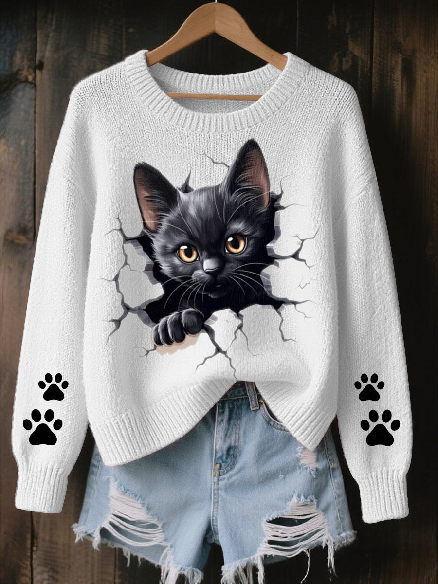 Women's Halloween Cat Cozy Knitted Sweater