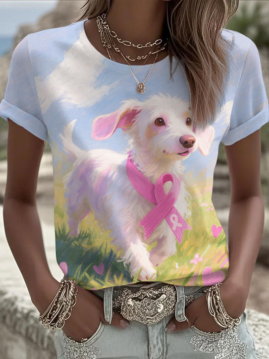 Women's Pink Ribbon and Dog Print Casual T-shirt