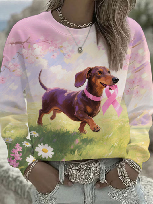 Women's Pink Ribbon and Dog Print Casual Sweatshirt