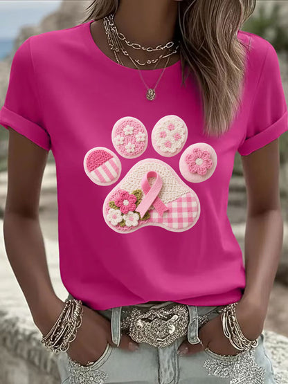 Women's Pink Dog Paw Print Casual T-shirt