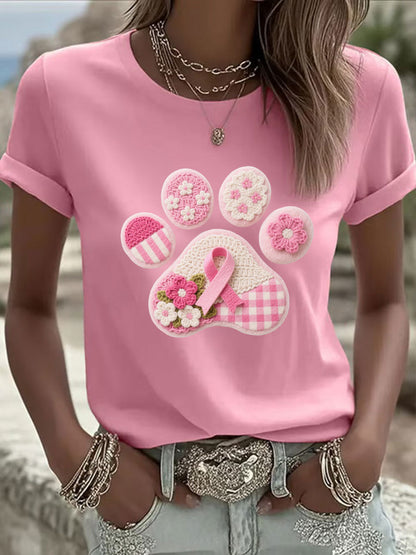 Women's Pink Dog Paw Print Casual T-shirt