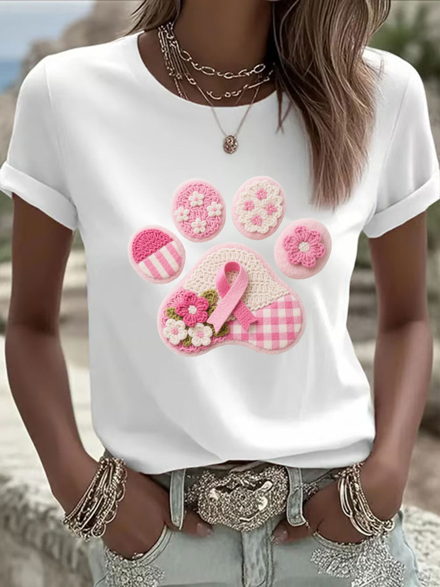 Women's Pink Dog Paw Print Casual T-shirt