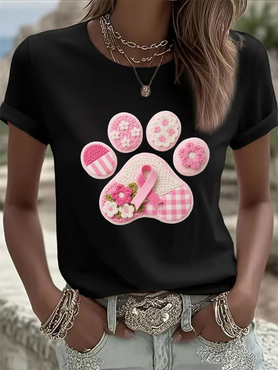 Women's Pink Dog Paw Print Casual T-shirt