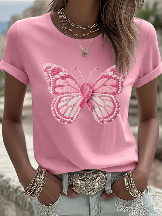 Women's Pink Butterfly Print Casual T-shirt