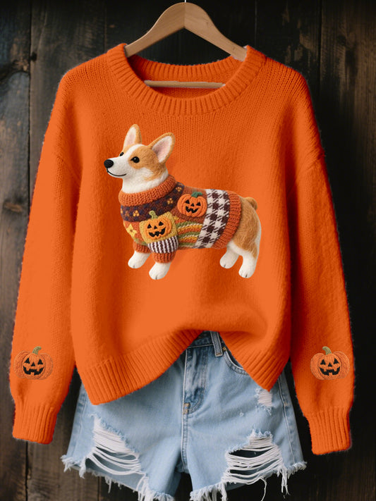 Women's Halloween Inspired Corgi Felt Art Cozy Knit Sweater