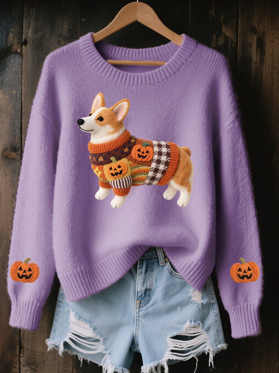 Women's Halloween Inspired Corgi Felt Art Cozy Knit Sweater
