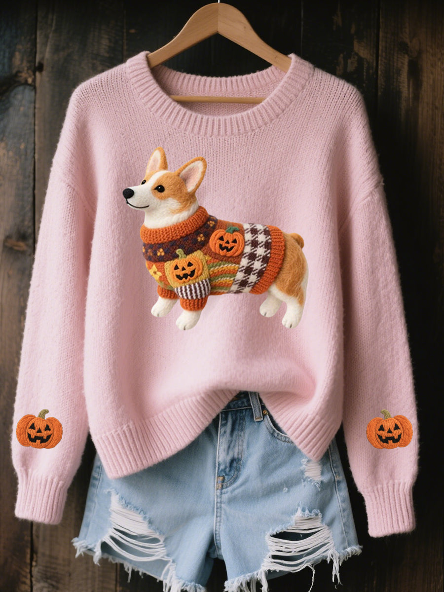 Women's Halloween Inspired Corgi Felt Art Cozy Knit Sweater