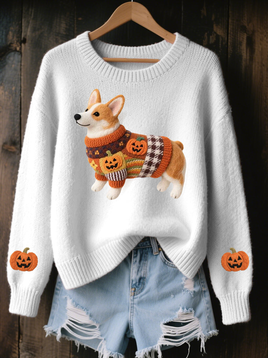 Women's Halloween Inspired Corgi Felt Art Cozy Knit Sweater