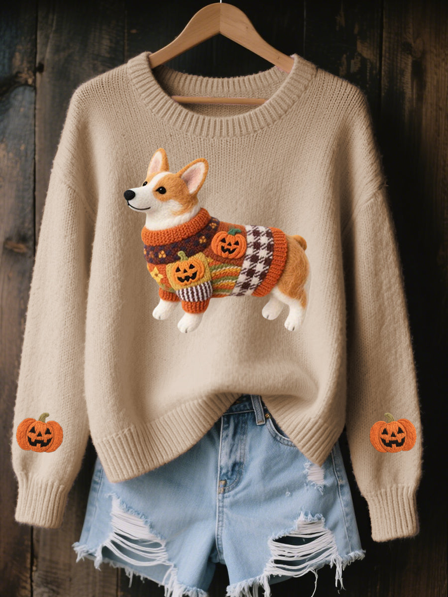Women's Halloween Inspired Corgi Felt Art Cozy Knit Sweater