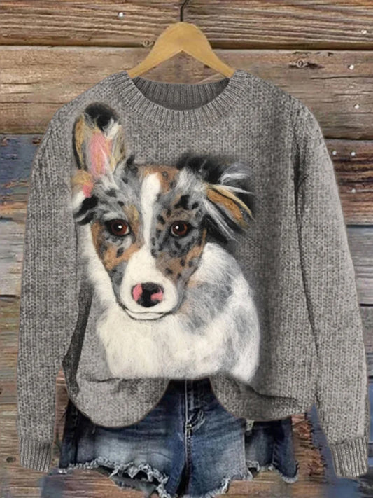 Women's Pretty Australian Shepherd Dog Felt Cozy Knit Sweater
