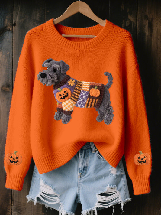 Women's Halloween Inspired Schnauzer Dog Felt Art Cozy Knit Sweater