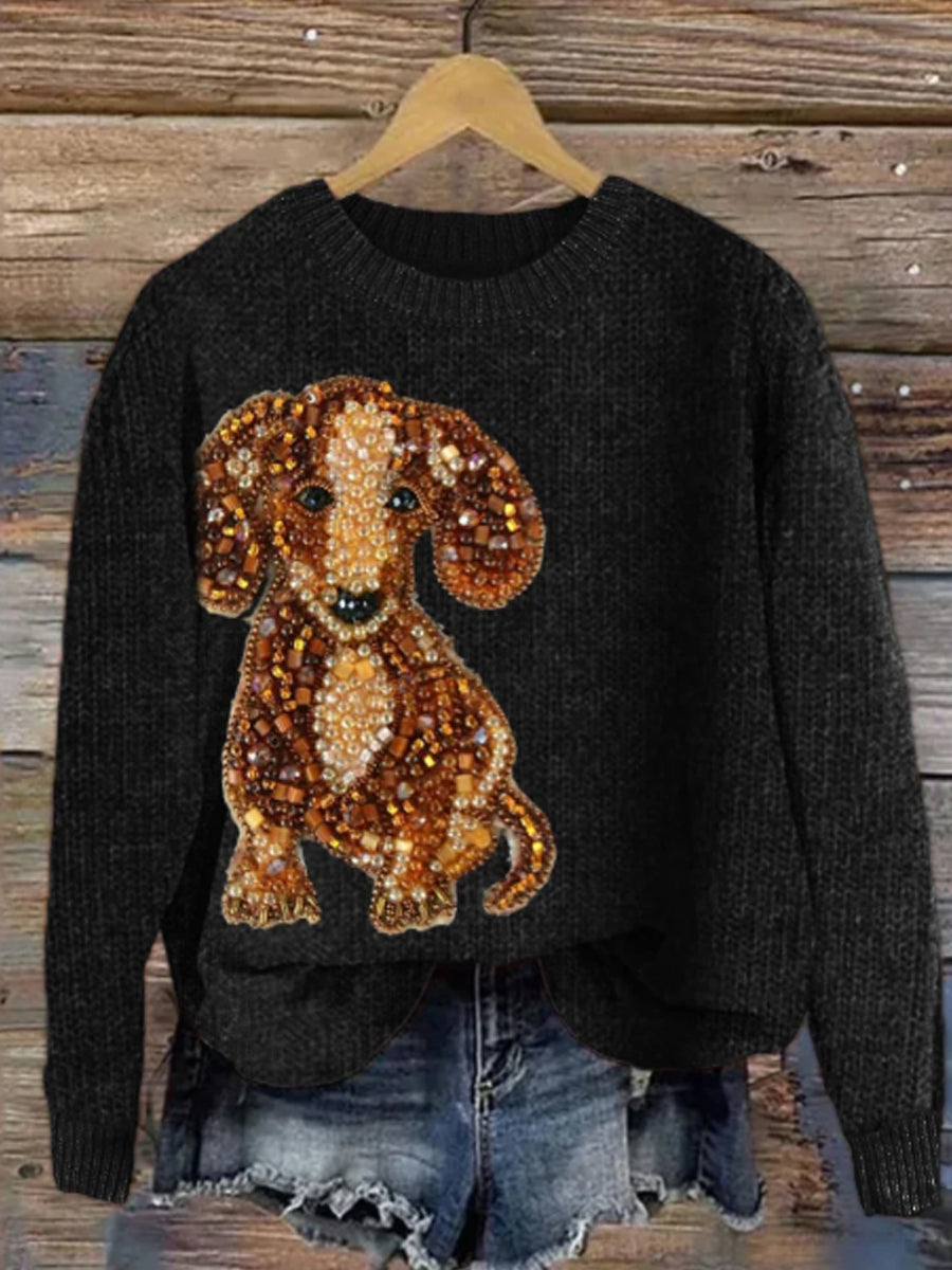 Women's Lovely Dachshund Dog Beaded Jewelry Art Cozy Knit Sweater