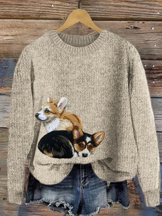 Women's Lovely Corgi Dogs Embroidered Cozy Knit Sweater