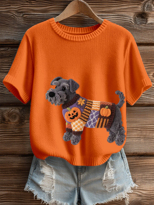 Women's Halloween Inspired Schnauzer Dog Felt Art Cozy Knit Top