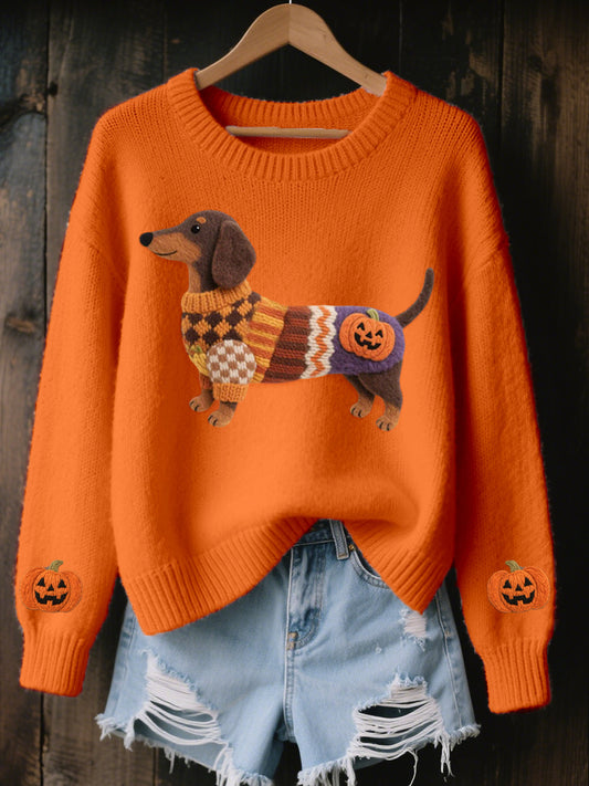 Women's Halloween Inspired Dachshund Felt Art Cozy Knit Sweater