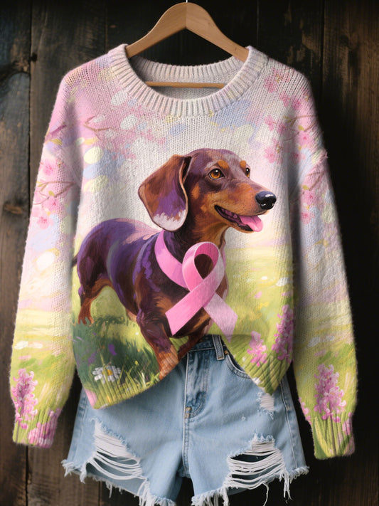 Women's Pink Ribbon and Dog Print Casual Top