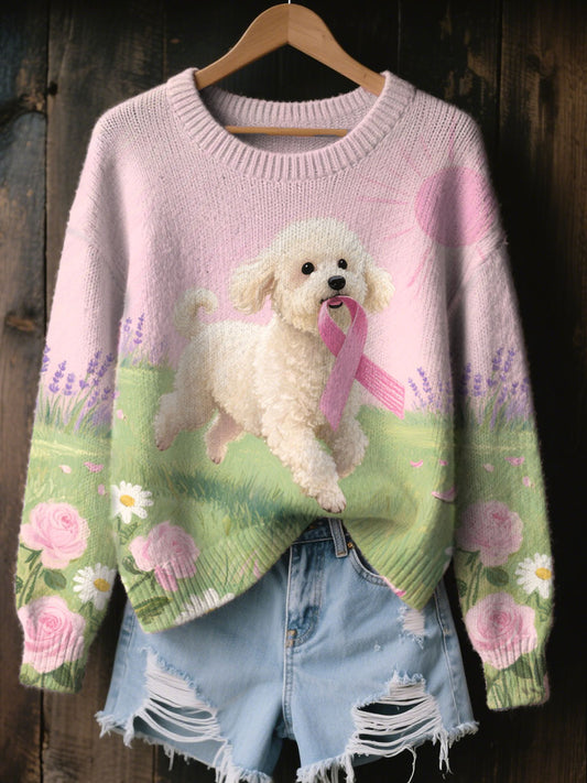 Women's Pink Ribbon and Dog Print Casual Top