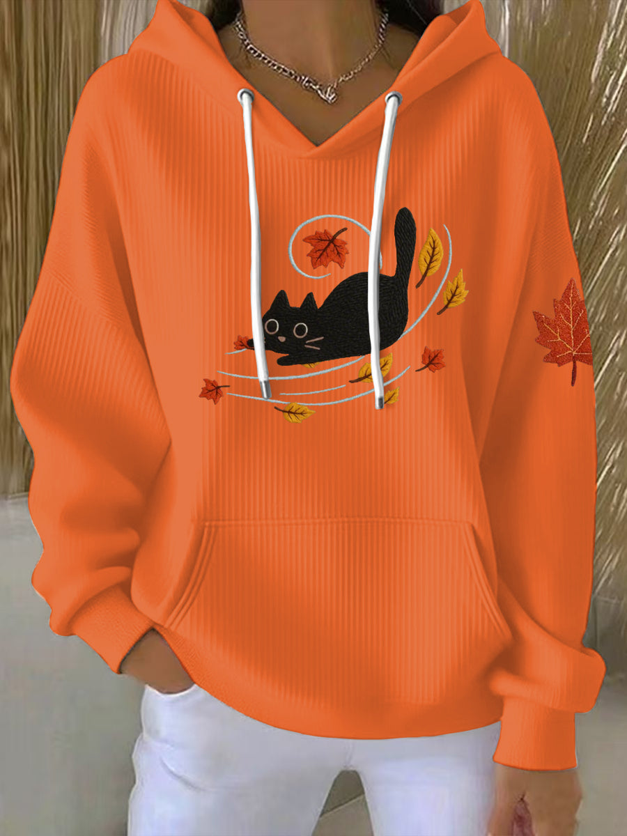 Women's Autumn Leaves And Cat Print Hoodie