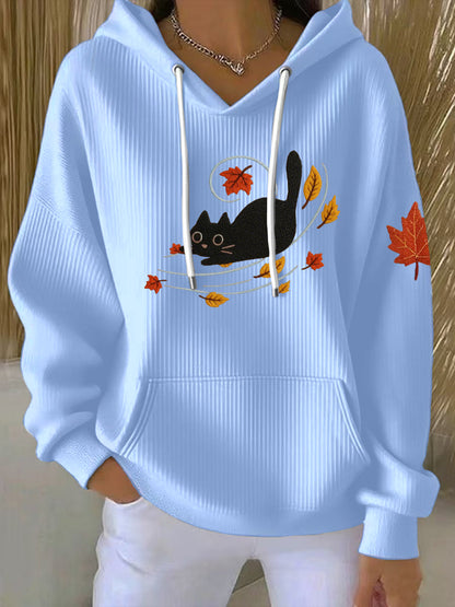 Women's Autumn Leaves And Cat Print Hoodie