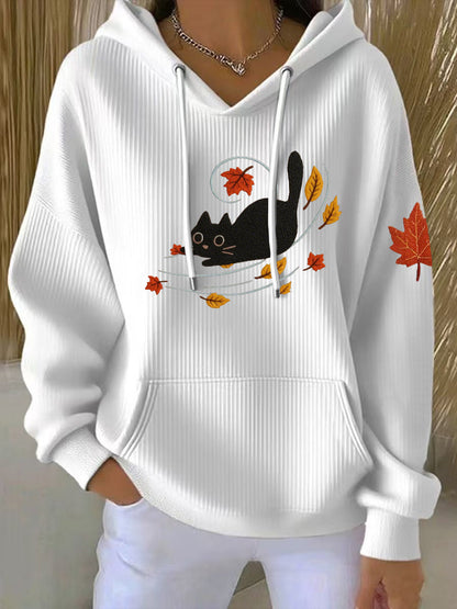 Women's Autumn Leaves And Cat Print Hoodie