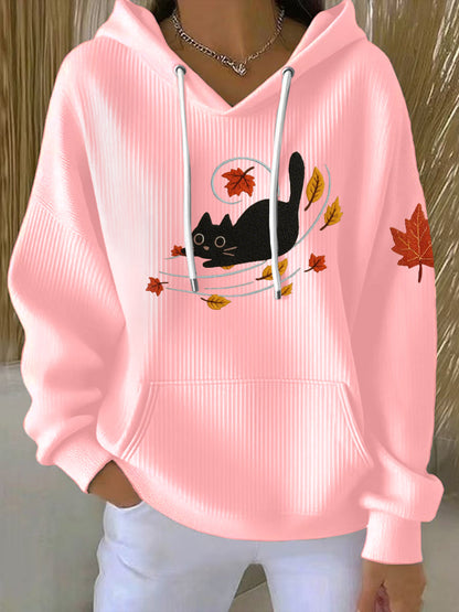 Women's Autumn Leaves And Cat Print Hoodie