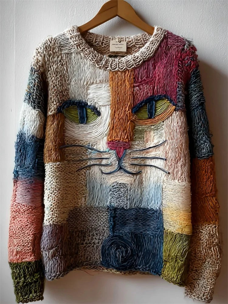 Women's Vintage Cat Art Print Art Casual Knitted Sweater