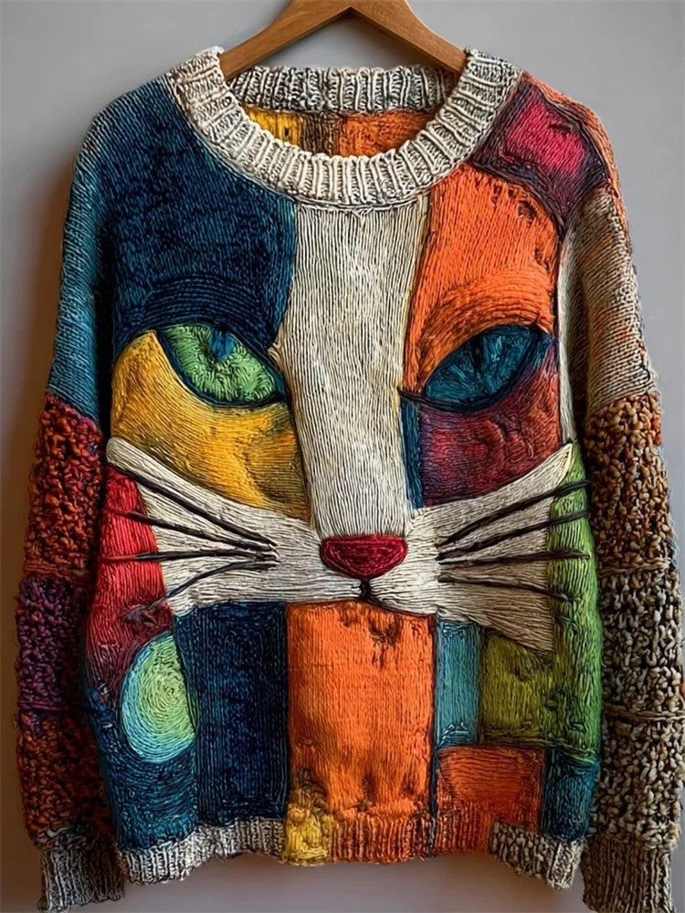 Women's Vintage Cat Art Print Art Casual Knitted Sweater