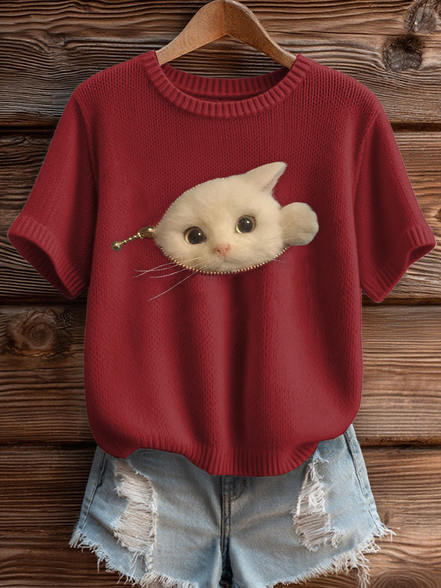 Women's Cat Print short-sleeved Knited Top