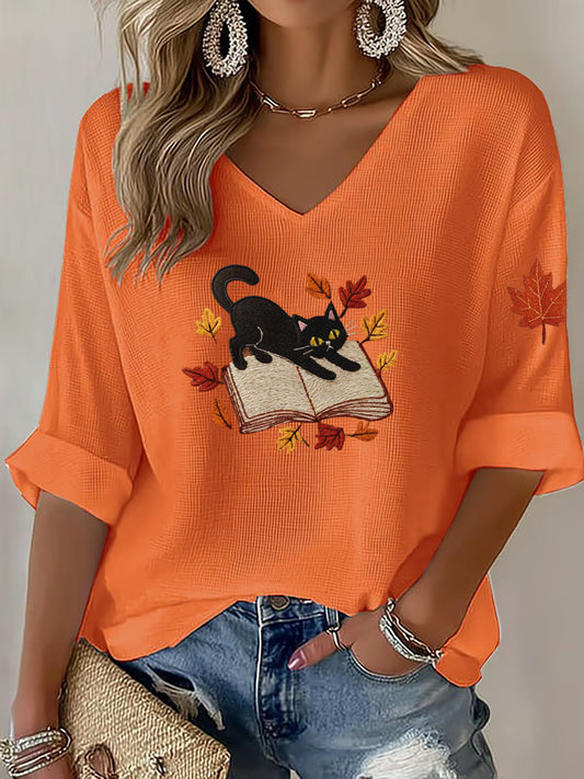 Women's Cat Print Waffle T-shirt