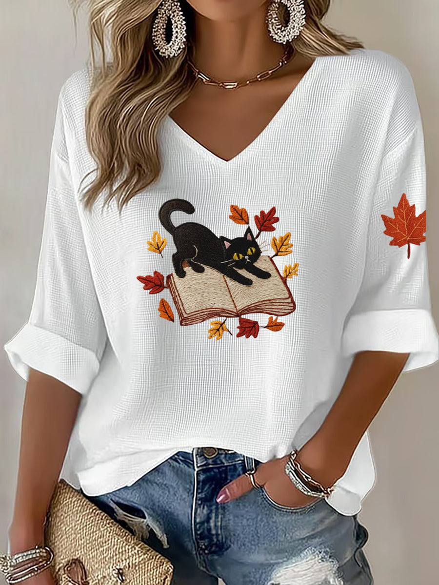 Women's Cat Print Waffle T-shirt