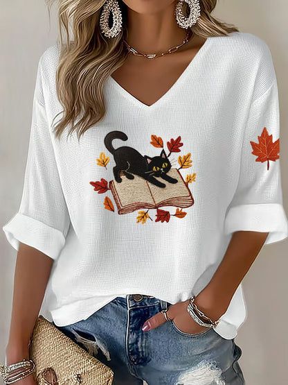 Women's Cat Print Waffle T-shirt