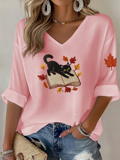 Women's Cat Print Waffle T-shirt