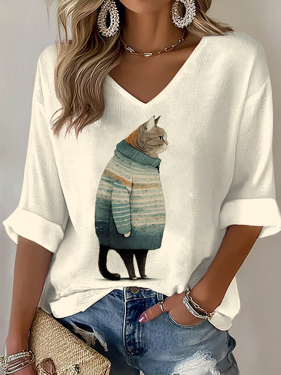 Women's Sweater Cat Print Waffle T-shirt