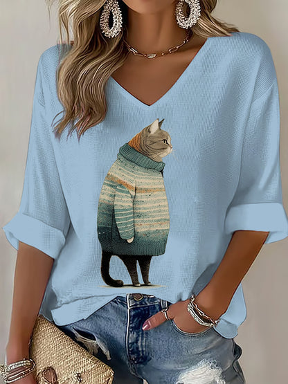 Women's Sweater Cat Print Waffle T-shirt