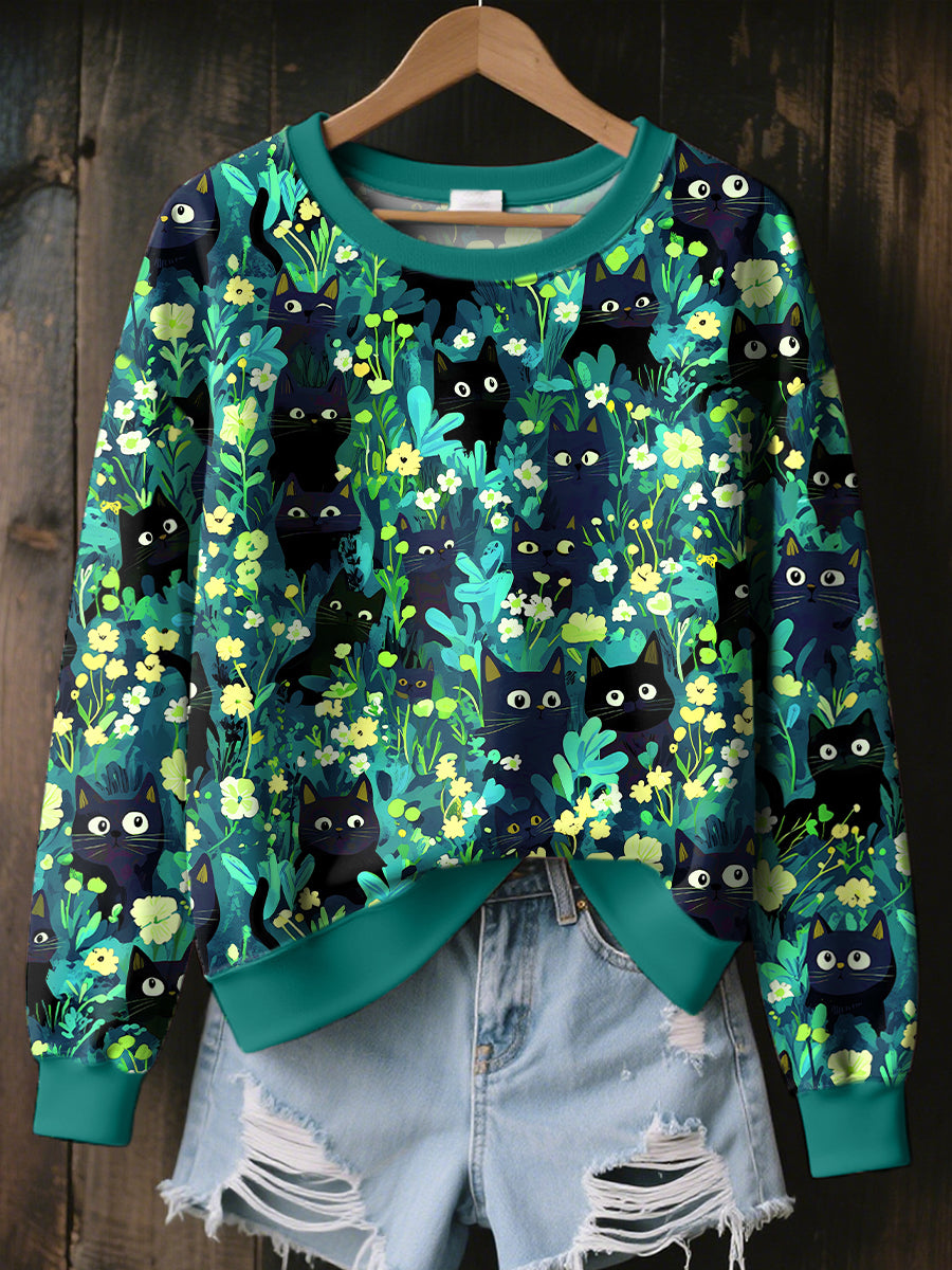 Women's Black Cat Art Print Sweatshirt
