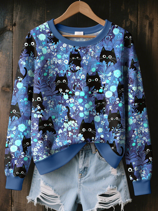 Women's Black Cat Art Print Sweatshirt