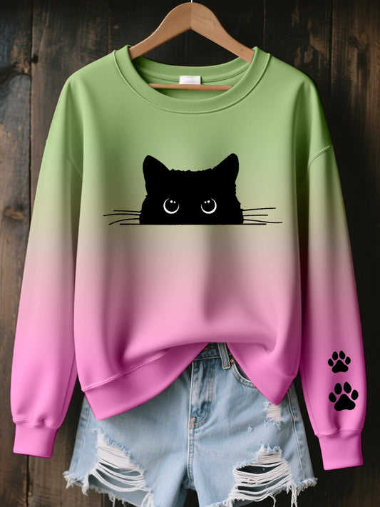 Women's Cute Cat Print Contrast Color Sweatshirt