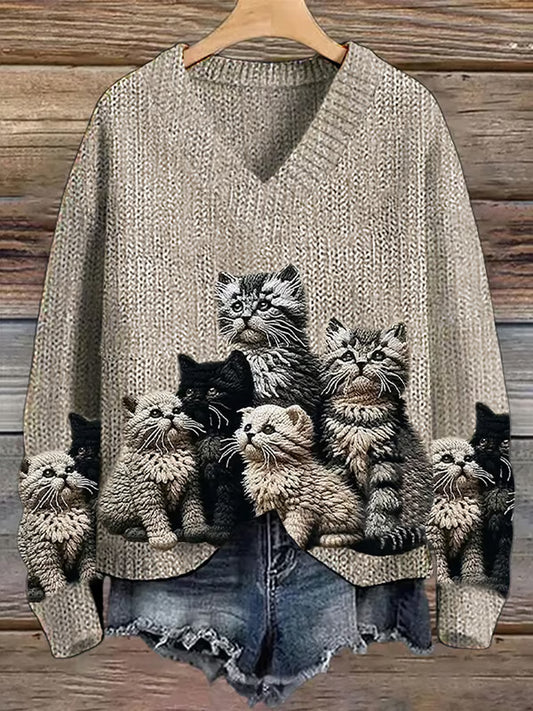 Women's Cute Cat Art V-neck Long Sleeve Top