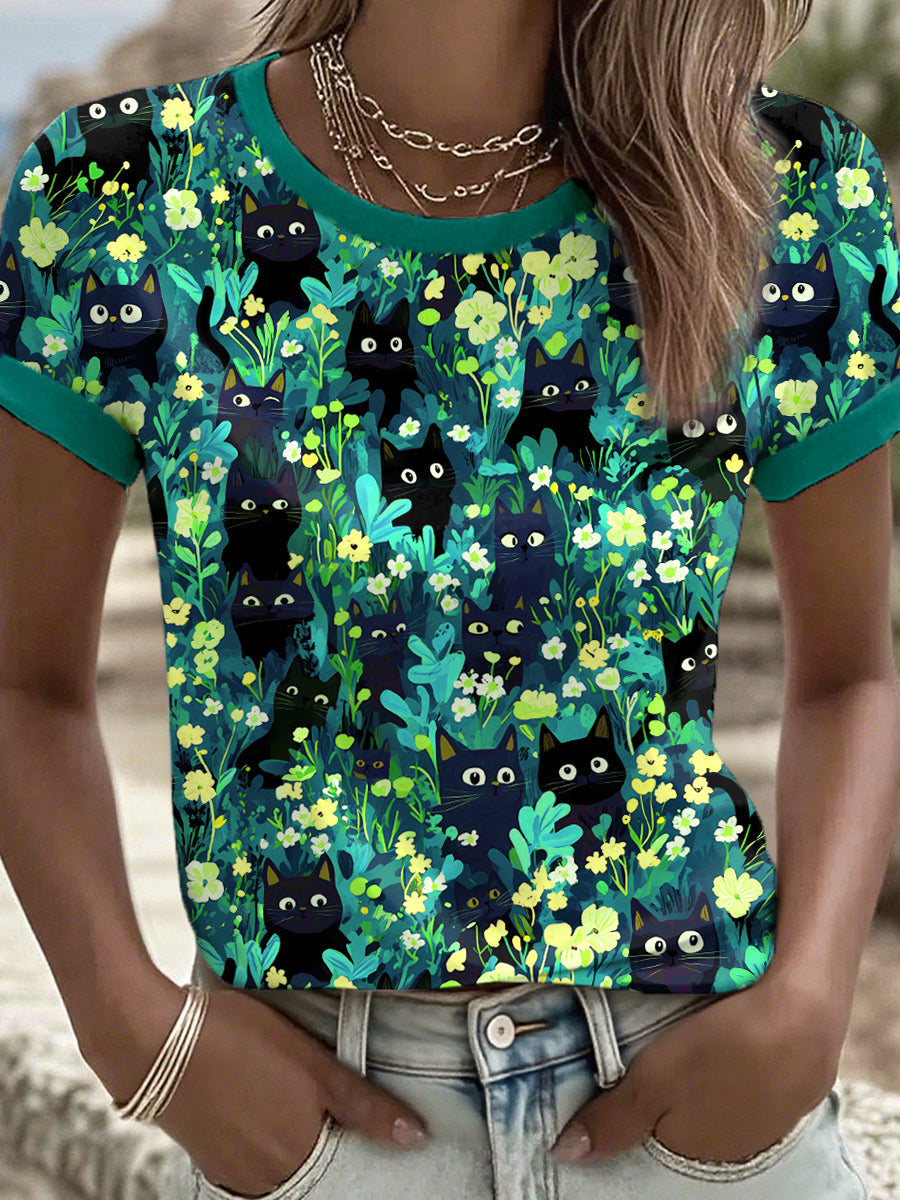Women's Black Cat Art Print T-Shirt