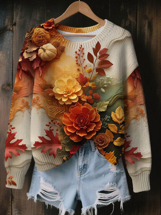 Women's Vintage Autumn Fallen Thanksgiving Print Art Casual Knitted Sweater