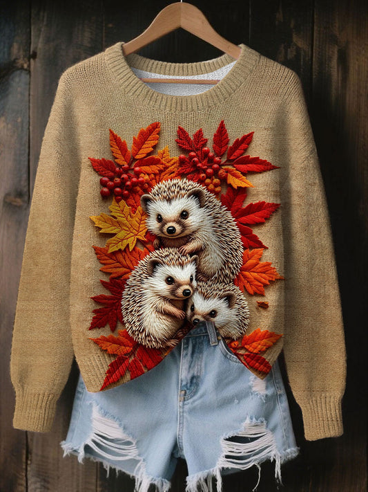 Women's Vintage Autumn Fallen Thanksgiving Hedgehog Print Art Casual Knitted Sweater